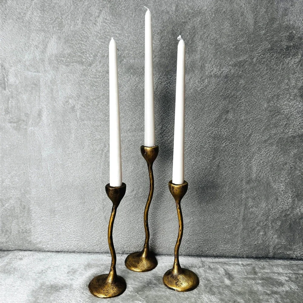 Organic Brass Tone Taper Candle Holders Wavy Stem Brutalist MCM Whimsigoth